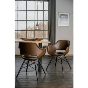 Designstühle KAWOLA Essgruppe 9-Teilig mit Esstisch Baumkante Fuß schwarz 200x100cm und 8x Stuhl ZAJA Kunstleder dunkelbraun im onlineshop kaufen