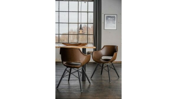 Designstühle KAWOLA Essgruppe 9-Teilig mit Esstisch Baumkante Fuß schwarz 200x100cm und 8x Stuhl ZAJA Kunstleder dunkelbraun im onlineshop kaufen
