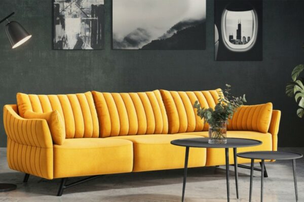 Boho Style KAWOLA Sofa CELIA 3-Sitzer Stoff gelb im onlineshop kaufen
