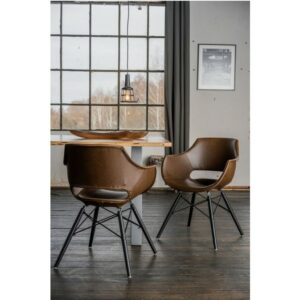 Designstühle KAWOLA Essgruppe 5-Teilig mit Esstisch Baumkante Fuß silber 140x85cm und 4x Stuhl ZAJA Kunstleder dunkelbraun im onlineshop kaufen