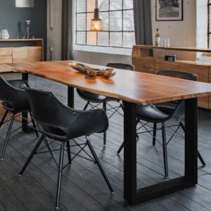 Designstühle KAWOLA Essgruppe 9-Teilig mit Esstisch Baumkante Fuß schwarz 180x90cm und 8x Stuhl ZAJA Kunstleder schwarz im onlineshop kaufen