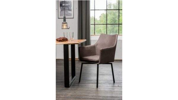 Designstühle KAWOLA Essgruppe 7-teilig mit Esstisch Baumkante nussbaumfarben Fuß schwarz 200x100 und 6x Stuhl Cali Stoff grau im onlineshop kaufen