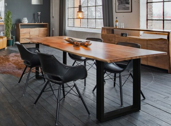 Designstühle KAWOLA Essgruppe 5-Teilig mit Esstisch Baumkante Fuß schwarz 160x85cm und 4x Stuhl ZAJA Kunstleder schwarz im onlineshop kaufen