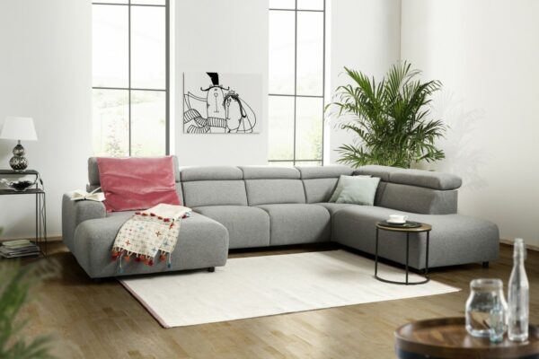 Boho Style KAWOLA Sofa RISO Wohnlandschaft U-Form Stoff Longchair links grau im onlineshop kaufen