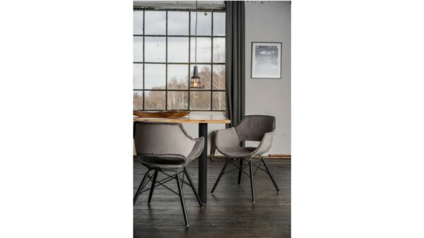 Designstühle KAWOLA Essgruppe 5-Teilig mit Esstisch Baumkante nussbaumfarben Fuß schwarz 160x85cm und 4x Stuhl ZAJA Velvet grau im onlineshop kaufen