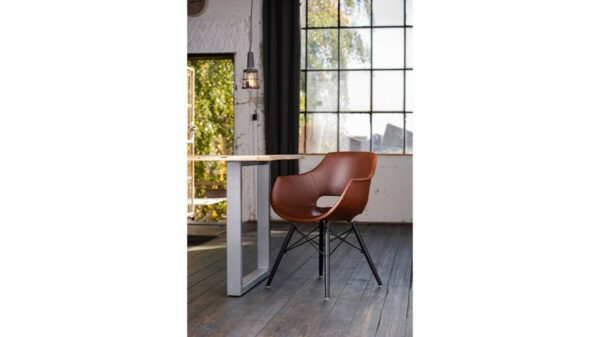 Designstühle KAWOLA Essgruppe 5-Teilig mit Esstisch Baumkante Fuß silber 140x85cm und 4x Stuhl ZAJA Kunstleder cognac im onlineshop kaufen