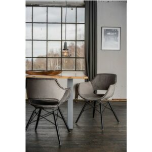 Designstühle KAWOLA Essgruppe 9-Teilig mit Esstisch Baumkante Fuß silber 180x90cm und 8x Stuhl ZAJA Velvet grau im onlineshop kaufen