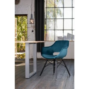 Designstühle KAWOLA Essgruppe 9-Teilig mit Esstisch Baumkante Fuß silber 180x90cm und 8x Stuhl ZAJA Velvet petrol im onlineshop kaufen