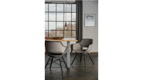 Designstühle KAWOLA Essgruppe 9-Teilig mit Esstisch Baumkante nussbaumfarben Fuß silber 180x90cm und 8x Stuhl ZAJA Velvet grau im onlineshop kaufen