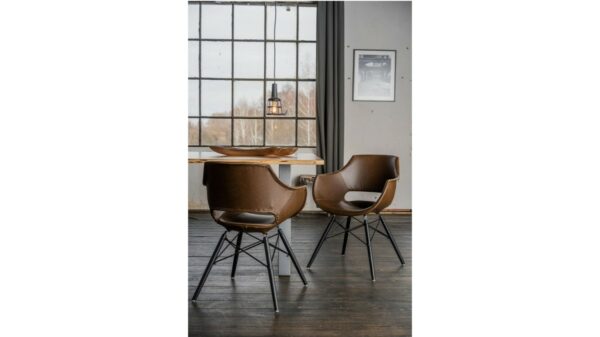 Designstühle KAWOLA Essgruppe 5-Teilig mit Esstisch Baumkante Fuß silber 160x85cm und 4x Stuhl ZAJA Kunstleder dunkelbraun im onlineshop kaufen