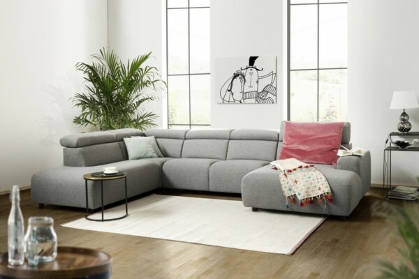 Boho Style KAWOLA Sofa RISO Wohnlandschaft U-Form Stoff Longchair rechts grau im onlineshop kaufen