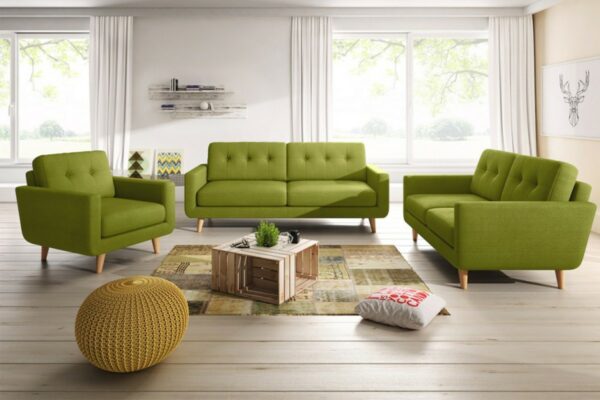 Retro KAWOLA Sitzgruppe ALEXO 3-Sitzer 2-Sitzer Sofa Sessel Stoff grün im onlineshop kaufen
