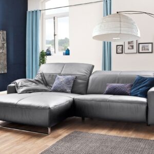 Brooklyn Loft KAWOLA Sofa YORK Leder Life-line light-grey Rec links Fuß Metall Chrom matt im onlineshop kaufen