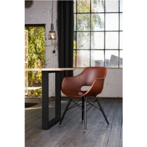 Designstühle KAWOLA Essgruppe 5-Teilig mit Esstisch Baumkante Fuß schwarz 160x85cm und 4x Stuhl ZAJA Kunstleder cognac im onlineshop kaufen
