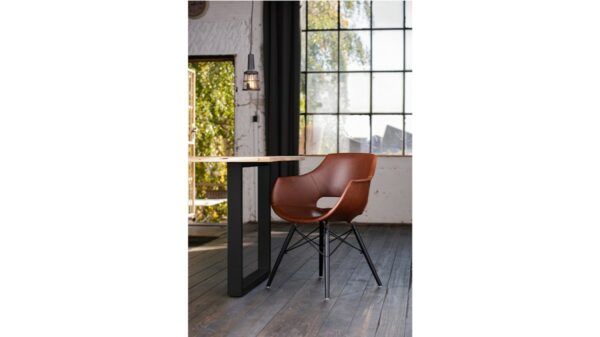Designstühle KAWOLA Essgruppe 5-Teilig mit Esstisch Baumkante Fuß schwarz 160x85cm und 4x Stuhl ZAJA Kunstleder cognac im onlineshop kaufen
