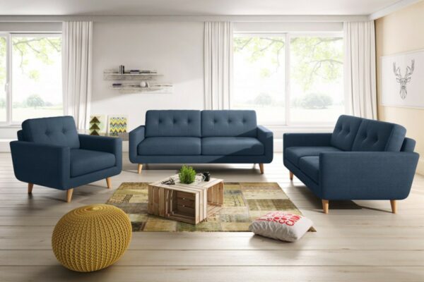Retro KAWOLA Sitzgruppe ALEXO 3-Sitzer 2-Sitzer Sofa Sessel Stoff blau im onlineshop kaufen