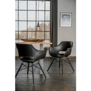 Designstühle KAWOLA Essgruppe 5-Teilig mit Esstisch Baumkante Fuß silber 160x85cm und 4x Stuhl ZAJA Kunstleder schwarz im onlineshop kaufen