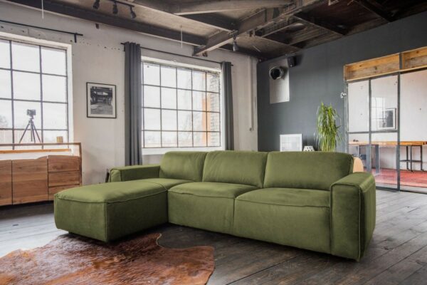 Boho Style KAWOLA Ecksofa EXTRA Sofa Leder olivgrün Recamiere links groß mit manueller Sitztiefenverstellung im onlineshop kaufen
