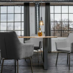 Designstühle KAWOLA Essgruppe 7-teilig mit Esstisch Baumkante nussbaumfarben Fuß silber 160x85 und 6x Stuhl Cali Stoff grau im onlineshop kaufen