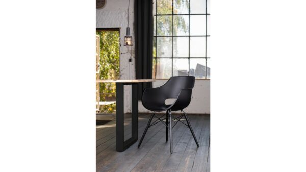 Designstühle KAWOLA Essgruppe 5-Teilig mit Esstisch Baumkante Fuß schwarz 160x85cm und 4x Stuhl ZAJA Kunststoff schwarz im onlineshop kaufen