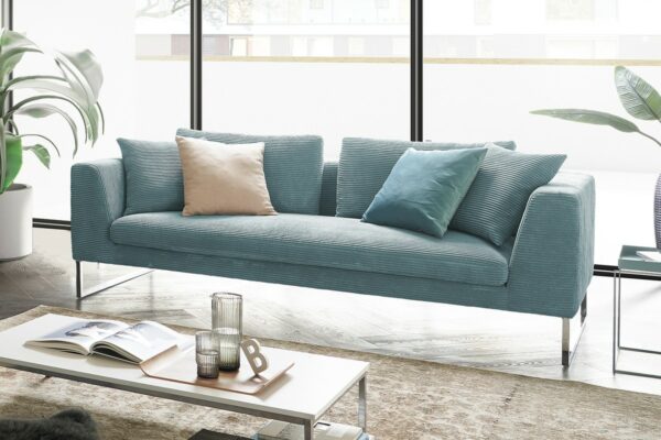 Boho Style KAWOLA Sofa ARIAN 3-Sitzer Metallkufe chrom Cord hellblau im onlineshop kaufen