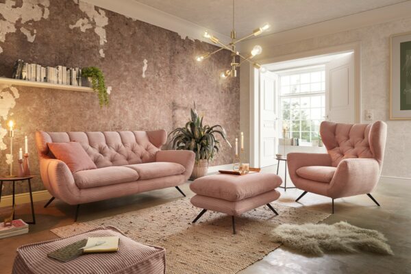 Boho Style KAWOLA Sitzgruppe CHARME 3-Sitzer Sessel Hockerbank Cord rosa im onlineshop kaufen