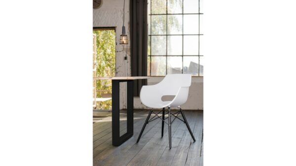 Designstühle KAWOLA Essgruppe 5-Teilig mit Esstisch Baumkante Fuß schwarz 140x85cm und 4x Stuhl ZAJA Kunststoff weiß im onlineshop kaufen