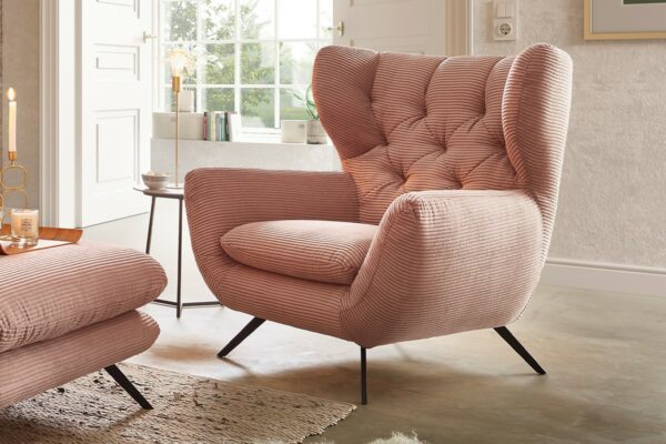 Boho Style KAWOLA Sessel CHARME Hochlehnsessel Cord rosa im onlineshop kaufen