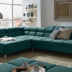 Ecksofa KAWOLA Sofa NELSON Ecksofa Velvet smaragd Recamiere links mit motorischem Sitzvorzug im onlineshop kaufen