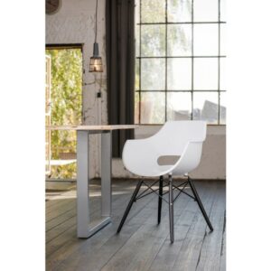 Designstühle KAWOLA Essgruppe 9-Teilig mit Esstisch Baumkante Fuß silber 180x90cm und 8x Stuhl ZAJA Kunststoff weiß im onlineshop kaufen