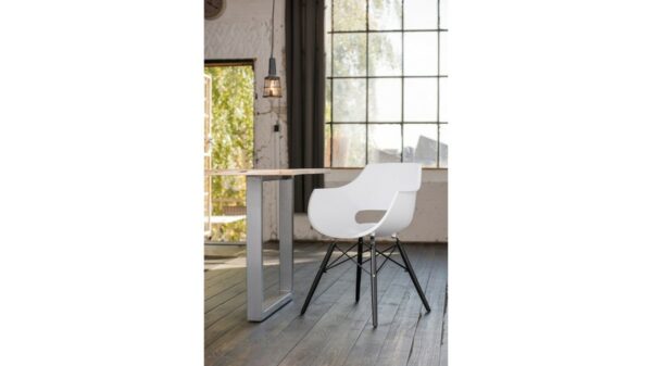 Designstühle KAWOLA Essgruppe 9-Teilig mit Esstisch Baumkante Fuß silber 180x90cm und 8x Stuhl ZAJA Kunststoff weiß im onlineshop kaufen