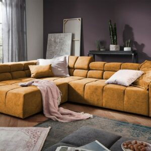 Ecksofa KAWOLA Sofa NEVADA Ecksofa Velvet Vintage gold Recamiere links mit motorischem Sitzvorzug im onlineshop kaufen