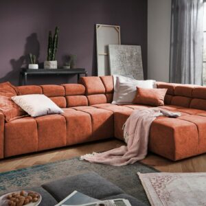 Ecksofa KAWOLA Sofa NEVADA Ecksofa Velvet Vintage cognac Recamiere rechts mit motorischem Sitzvorzug im onlineshop kaufen