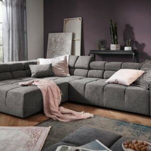 Ecksofa KAWOLA Sofa NEVADA Ecksofa Velvet Vintage grau Recamiere links mit motorischem Sitzvorzug im onlineshop kaufen