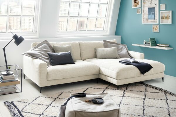 Boho Style KAWOLA Ecksofa CARA Sofa Recamiere rechts Cord cremeweiß im onlineshop kaufen