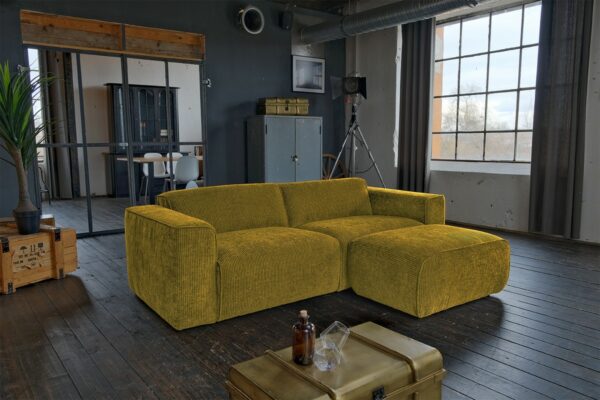 Boho Style KAWOLA Sofa NELE 3-Sitzer Cord senf mit Hocker im onlineshop kaufen