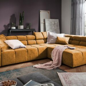 Ecksofa KAWOLA Sofa NEVADA Ecksofa Velvet Vintage gold Recamiere rechts mit motorischem Sitzvorzug im onlineshop kaufen