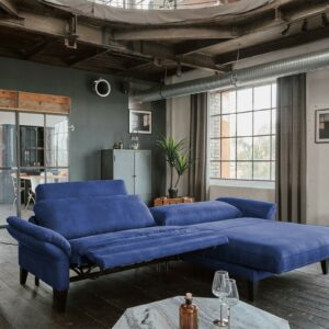 Brooklyn Loft KAWOLA Sofa MALTA Ecksofa Stoff blau mit motorischer Relaxfunktion und Kopfstütze Recamiere rechts im onlineshop kaufen