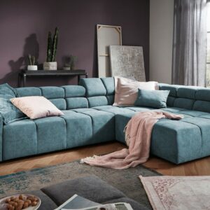 Ecksofa KAWOLA Sofa NEVADA Ecksofa Velvet Vintage blau Recamiere rechts mit motorischem Sitzvorzug im onlineshop kaufen