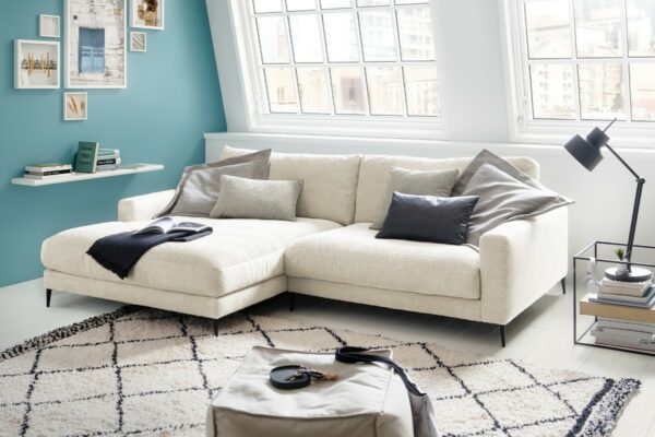 Boho Style KAWOLA Ecksofa CARA Sofa Recamiere links Cord cremeweiß im onlineshop kaufen