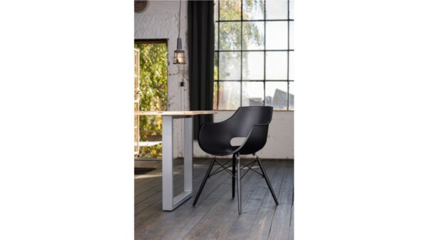 Designstühle KAWOLA Essgruppe 5-Teilig mit Esstisch Baumkante nussbaumfarben Fuß silber 140x85cm und 4x Stuhl ZAJA Kunststoff schwarz im onlineshop kaufen