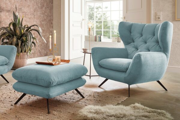 Boho Style KAWOLA Sessel CHARME Hochlehnsessel Cord hellblau mit Hockerbank im onlineshop kaufen