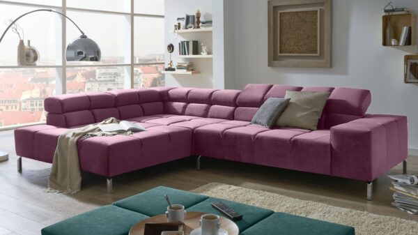 Ecksofa KAWOLA Sofa NELSON Ecksofa Velvet purple Recamiere links mit manuellem Sitzvorzug im onlineshop kaufen
