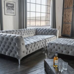 BigSofa KAWOLA Set Big Sofa und Polsterhocker NARLA Chesterfield Velvet silber im onlineshop kaufen