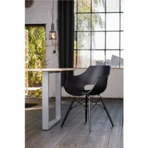 Designstühle KAWOLA Essgruppe 9-Teilig mit Esstisch Baumkante Fuß silber 200x100cm und 8x Stuhl ZAJA Kunststoff schwarz im onlineshop kaufen