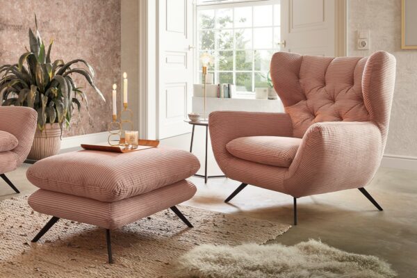 Boho Style KAWOLA Sessel CHARME Hochlehnsessel Cord rosa mit Hockerbank im onlineshop kaufen