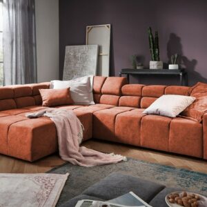 Ecksofa KAWOLA Sofa NEVADA Ecksofa Velvet Vintage cognac Recamiere links mit motorischem Sitzvorzug im onlineshop kaufen