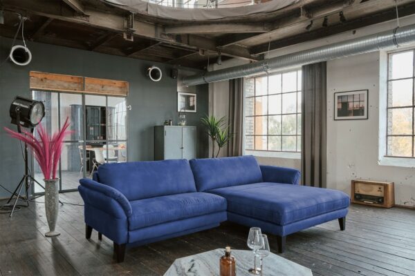 Brooklyn Loft KAWOLA Sofa MALTA Ecksofa Stoff blau mit motorischer Relaxfunktion Recamiere rechts im onlineshop kaufen
