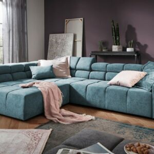 Ecksofa KAWOLA Sofa NEVADA Ecksofa Velvet Vintage blau Recamiere links mit motorischem Sitzvorzug im onlineshop kaufen